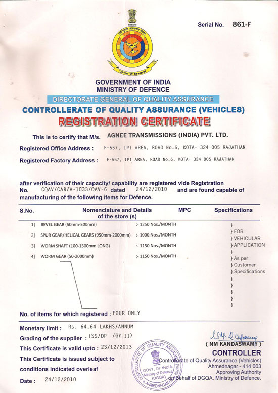 Registration Certificate Issued By Ministry of  Defense